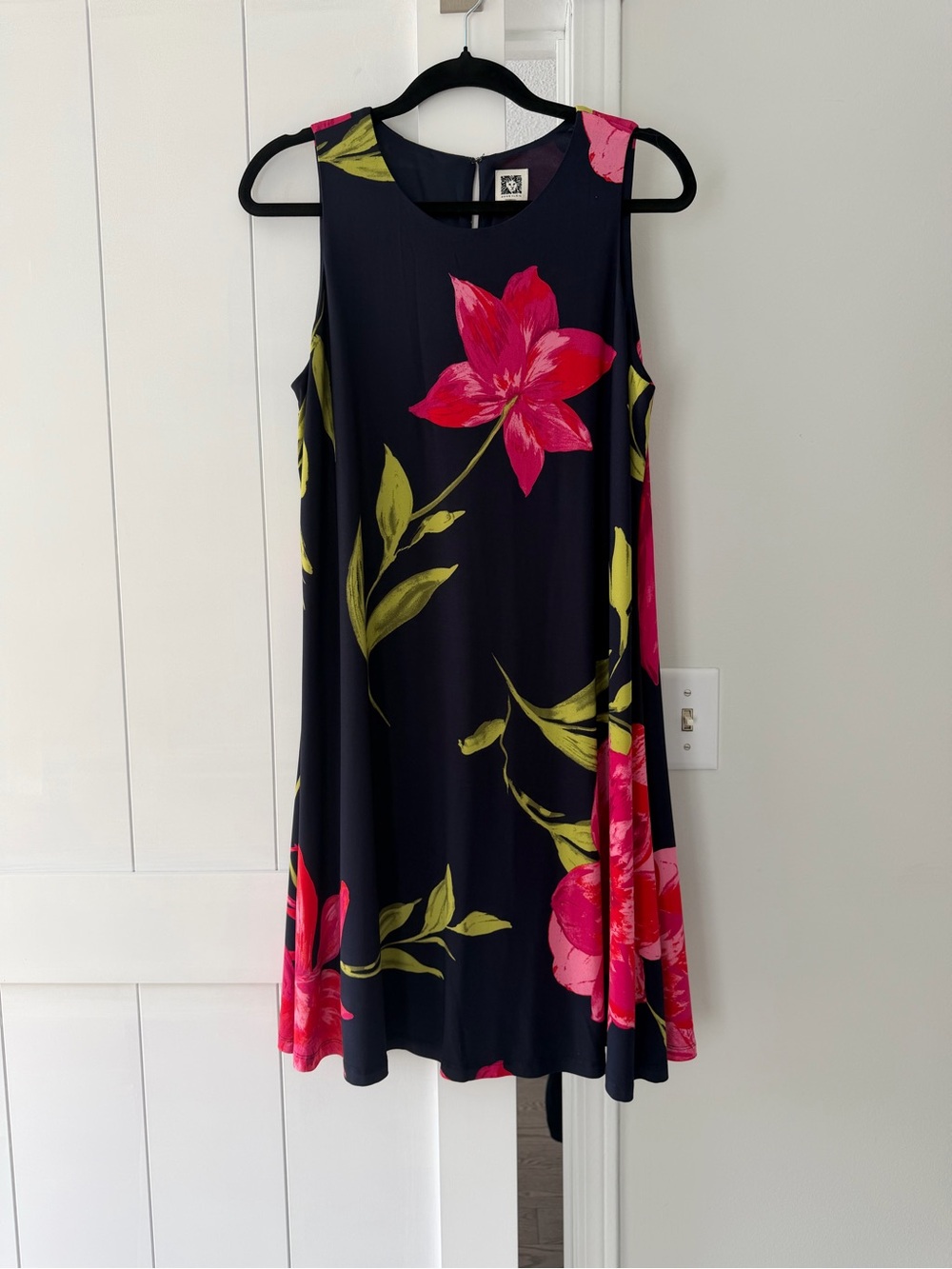 Anne Klein Navy Mini Dress with Hot Pink Floral and Olive Leaves